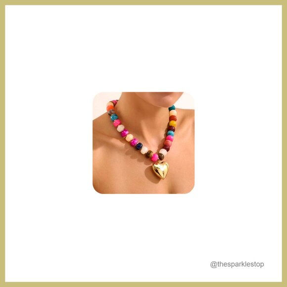 Chunky Beads Necklace Gold Puffy Heart Choker Statement Jewelry
